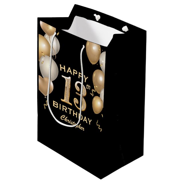 13th Birthday Party Black and Gold Balloons Medium Gift Bag (Front Angled)
