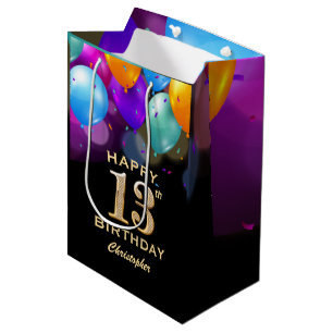 13th Birthday Party Black and Gold Balloons Medium Gift Bag
