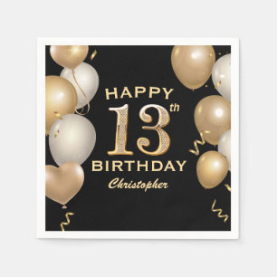 13th Birthday Party Black and Gold Balloons Napkin