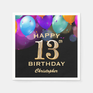 13th Birthday Party Black and Gold Balloons Napkin