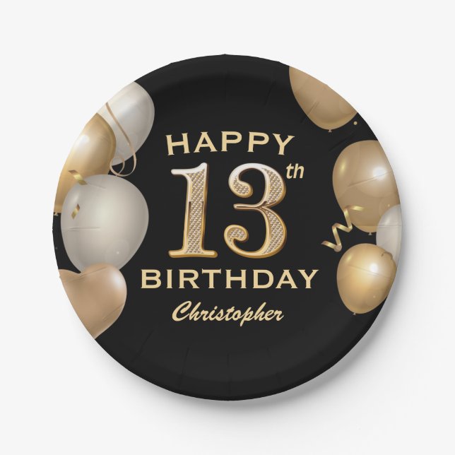 13th Birthday Party Black and Gold Balloons Paper Plate (Front)