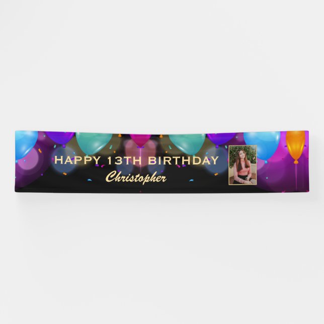 13th Birthday Party Black and Gold Balloons Photo Banner (Horizontal)