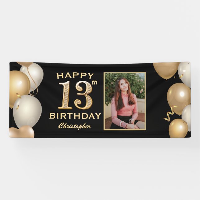 13th Birthday Party Black and Gold Balloons Photo Banner (Horizontal)