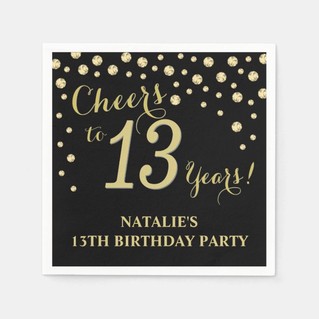 13th Birthday Party Black and Gold Diamond Napkins (Front)