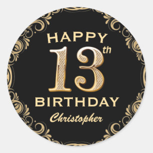13th Birthday Party Black and Gold Glitter Frame Classic Round Sticker