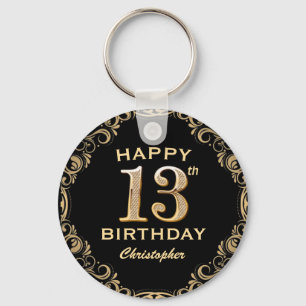 13th Birthday Party Black and Gold Glitter Frame Key Ring