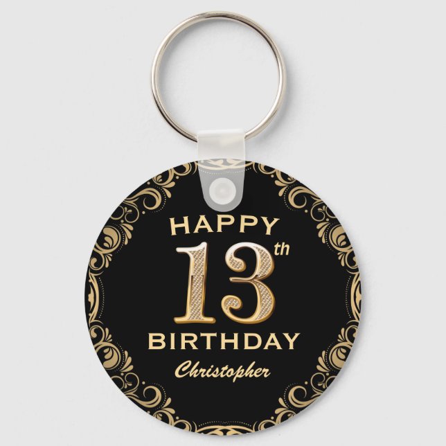 13th Birthday Party Black and Gold Glitter Frame Key Ring (Front)