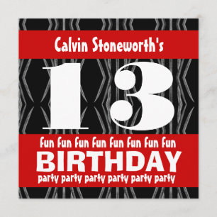 13th Birthday Party Black Red White Contemporary Invitation