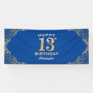 13th Birthday Party Blue and Gold Glitter Frame Banner