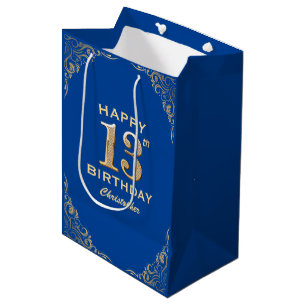 13th Birthday Party Blue and Gold Glitter Medium Gift Bag