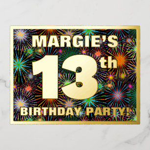 13th Birthday Party: Bold, Colourful Fireworks Loo Foil Invitation Postcard
