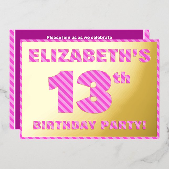 13th Birthday Party — Bold, Fun, Pink Stripes # 13 (Front/Back)