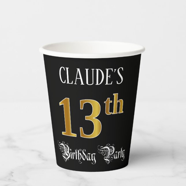 13th Birthday Party — Fancy Script, Faux Gold Look Paper Cups (Front)