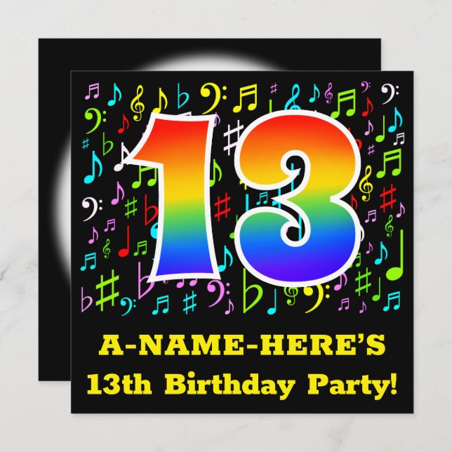 13th Birthday Party: Fun Music Symbols, Rainbow 13 Invitation (Front/Back)