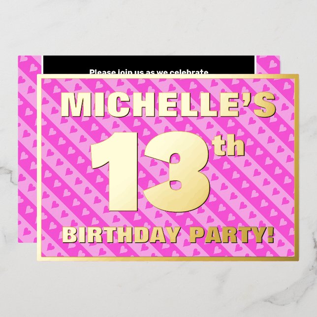 13th Birthday Party — Fun Pink Hearts and Stripes (Front/Back)