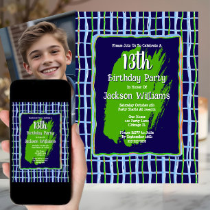13th Birthday Party Hand Drawn Unique Blue Green Invitation