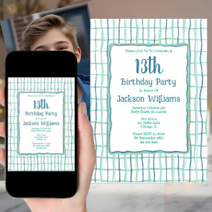 13th Birthday Party Hand Drawn Unique Blue Green Invitation