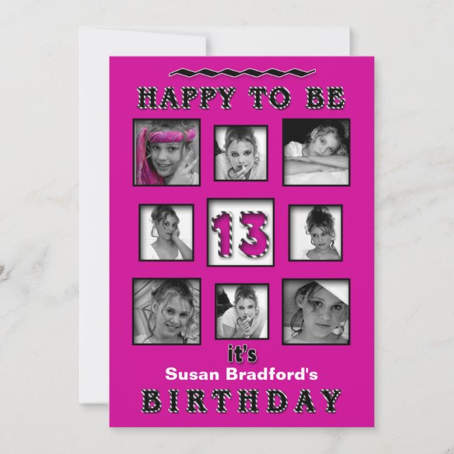 13TH Birthday Party Invitation - Photos - Fuchsia (Front)