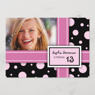 13th Birthday Party Invitation Pink Black Dots