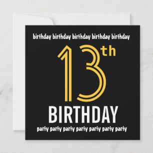 13th Birthday Party Modern Gold and Black Invitation