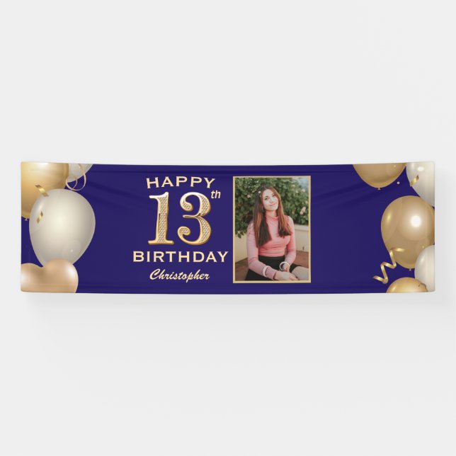 13th Birthday Party Navy Blue and Gold Balloons Banner (Horizontal)