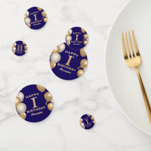 13th Birthday Party Navy Blue and Gold Balloons Confetti