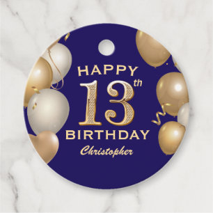 13th Birthday Party Navy Blue and Gold Balloons Favour Tags