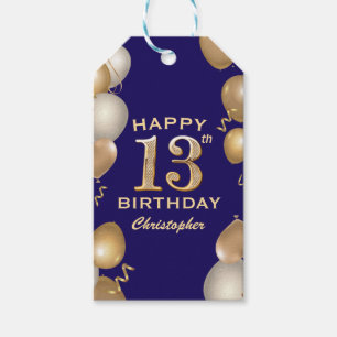 13th Birthday Party Navy Blue and Gold Balloons Gift Tags