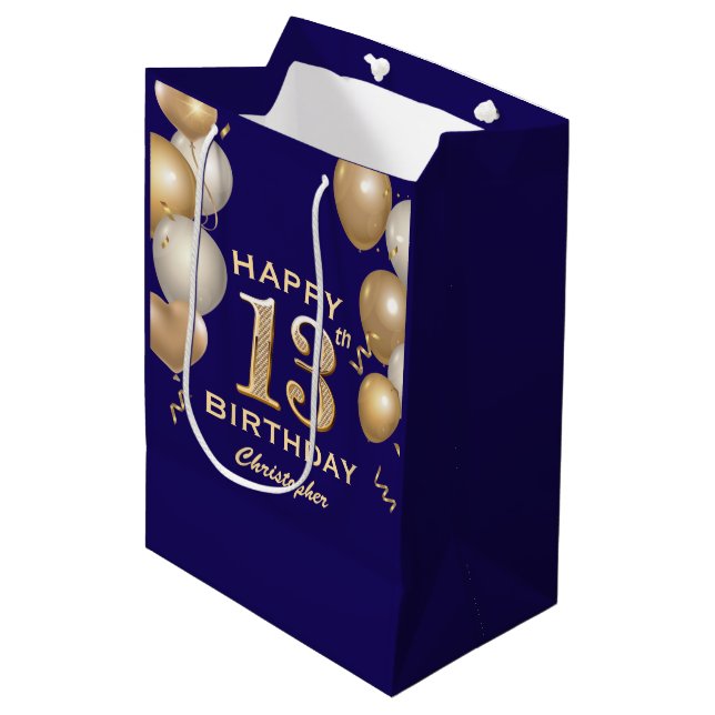13th Birthday Party Navy Blue and Gold Balloons Medium Gift Bag (Front Angled)