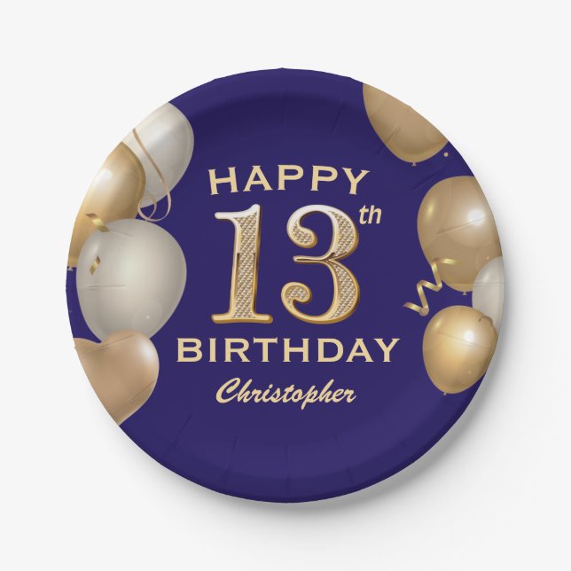 13th Birthday Party Navy Blue and Gold Balloons Paper Plate (Front)