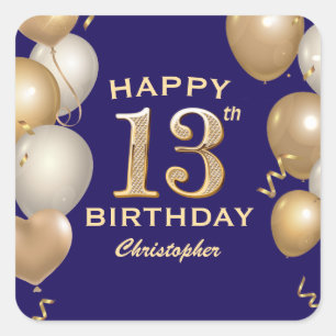 13th Birthday Party Navy Blue and Gold Balloons Square Sticker