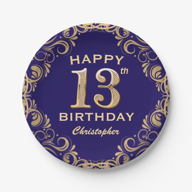 13th Birthday Party Navy Blue and Gold Glitter Paper Plate (Front)