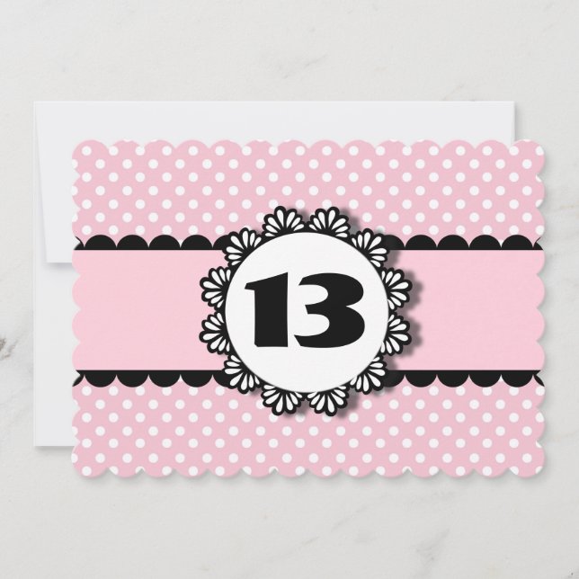 13th Birthday Party Pink Polka Dots Scallops V01N Invitation (Front)