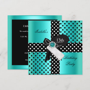 13th Birthday Party Polka Dots Teal Blue Invitation