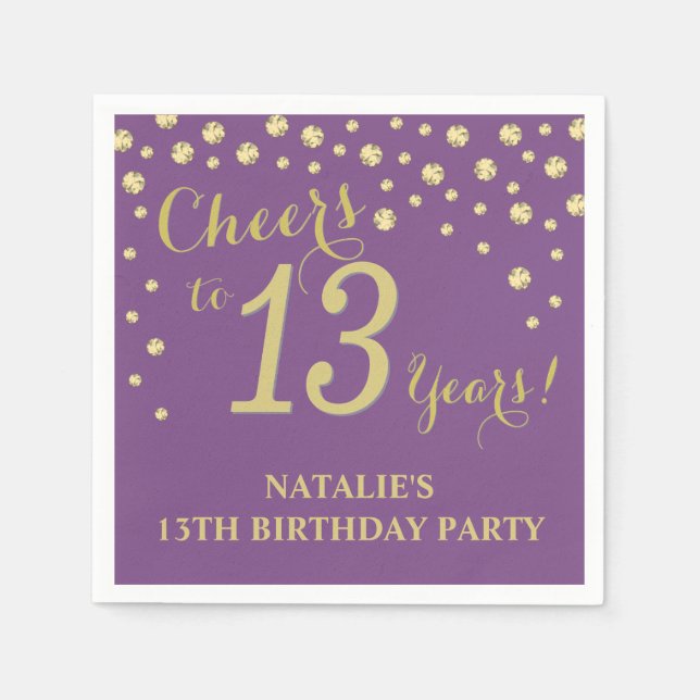 13th Birthday Party Purple and Gold Diamond Napkin (Front)