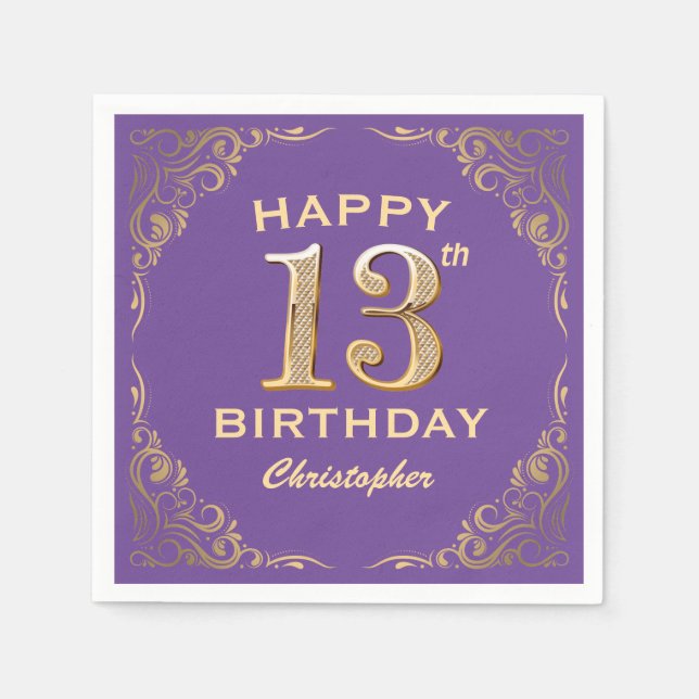 13th Birthday Party Purple and Gold Glitter Frame Napkin (Front)