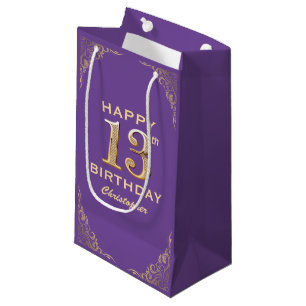 13th Birthday Party Purple and Gold Glitter Frame Small Gift Bag