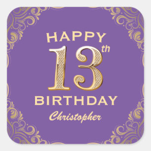 13th Birthday Party Purple and Gold Glitter Frame Square Sticker