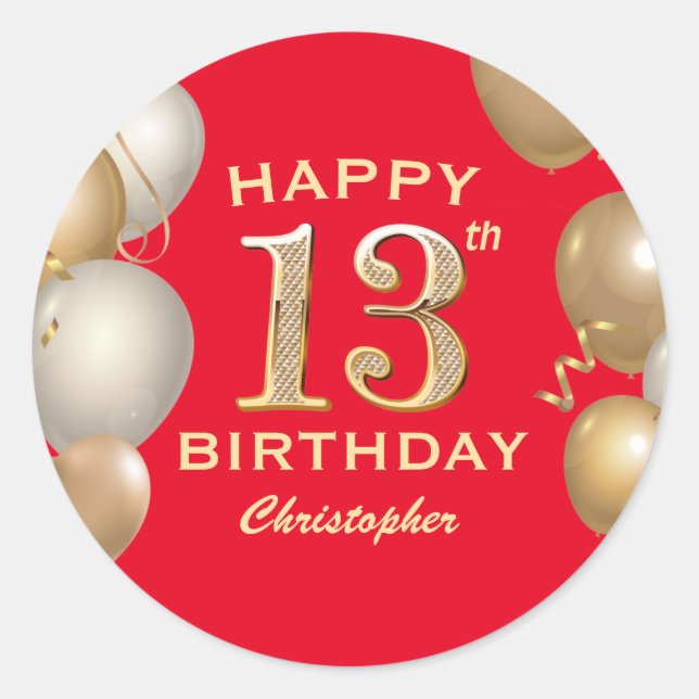 13th Birthday Party Red and Gold Balloons Classic Round Sticker (Front)