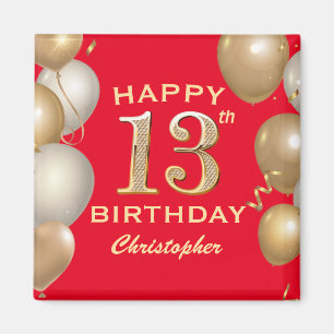 13th Birthday Party Red and Gold Balloons Magnet