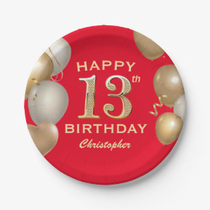 13th Birthday Party Red and Gold Balloons Paper Plate