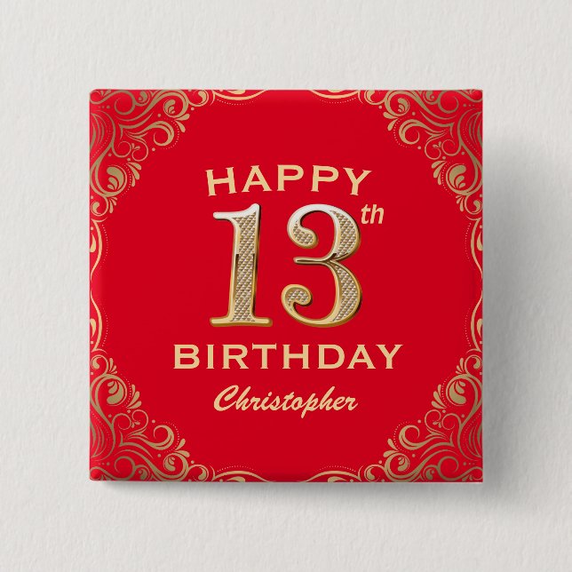 13th Birthday Party Red and Gold Glitter Frame 15 Cm Square Badge (Front)