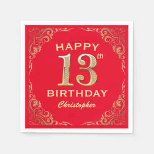 13th Birthday Party Red and Gold Glitter Frame Napkin
