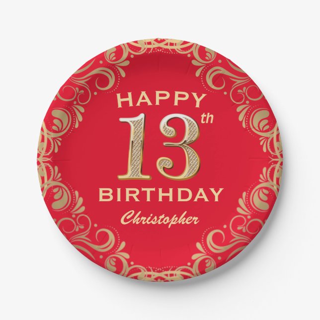 13th Birthday Party Red and Gold Glitter Frame Paper Plate (Front)