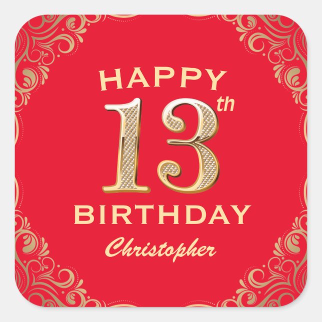 13th Birthday Party Red and Gold Glitter Frame Square Sticker (Front)