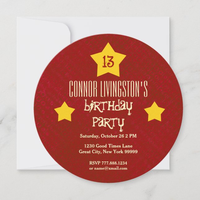 13th Birthday Party Red Circle Gold Stars V03D3 Invitation (Front)