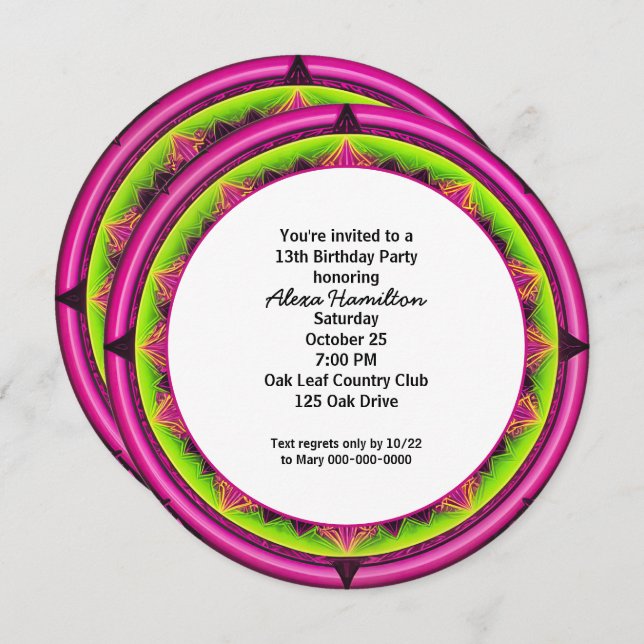 13th Birthday Party Round Neon Kaleidoscope  Invitation (Front/Back)