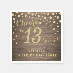 13th Birthday Party Rustic Wood and Gold Diamond Napkin