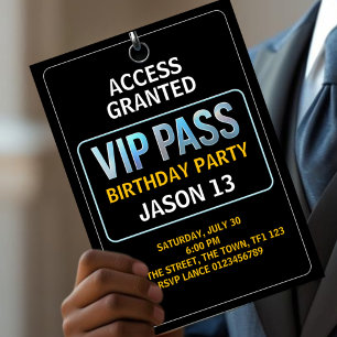 13th Birthday Party, VIP Pass, Level 13, Boys  Invitation