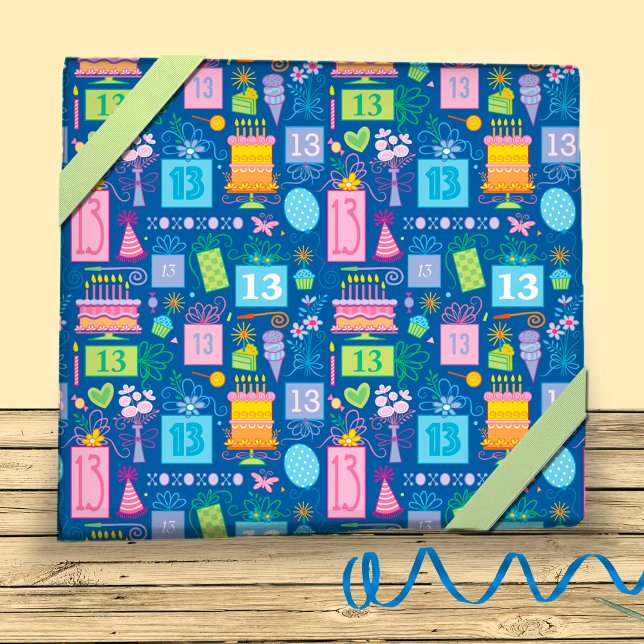 13th Birthday Pastel Blue Cake Presents Balloons  Wrapping Paper Sheet (Creator Uploaded)